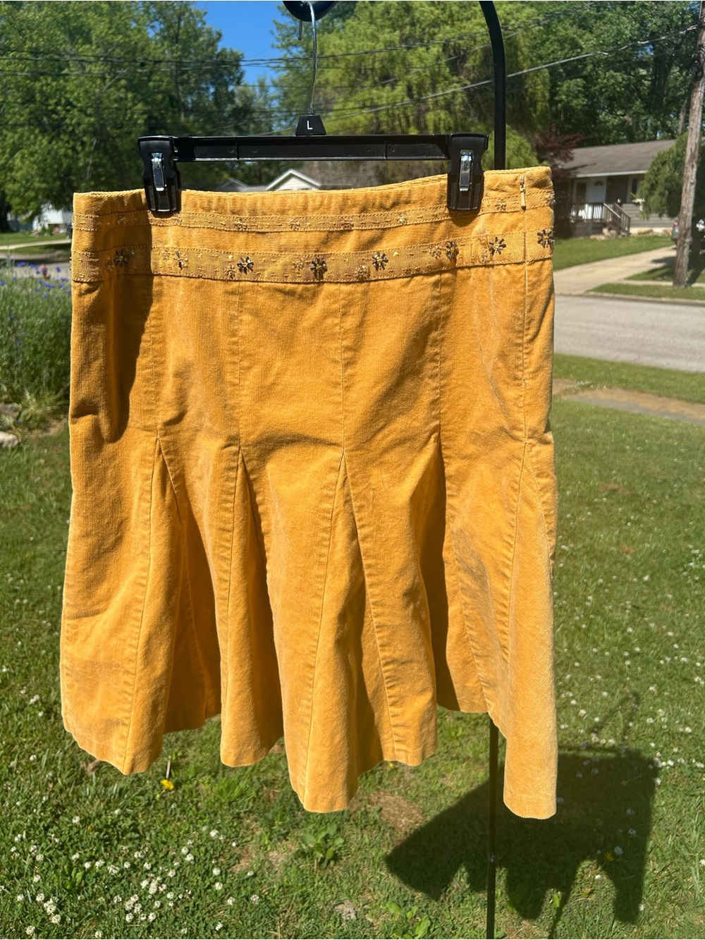 DKNY Mustard Yellow Corduroy A-Line Skirt with Embroidered Waist